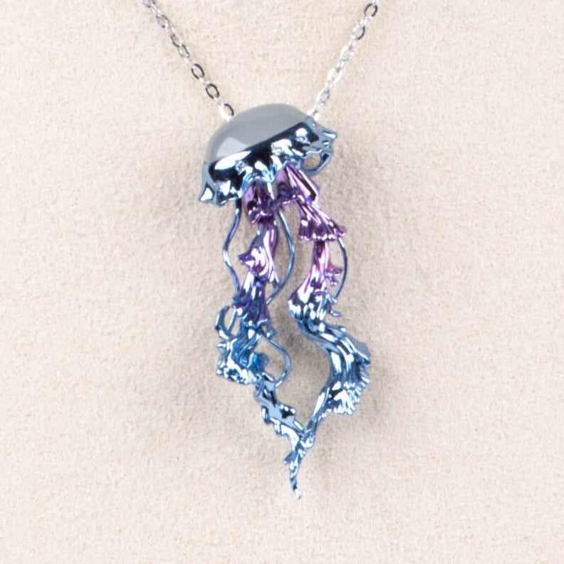18K Gold Jellyfish Pendant with Jadeite Jade Body and Moving Tentacles Iridescent Plated Purple Blue R4678 Aurora Designer