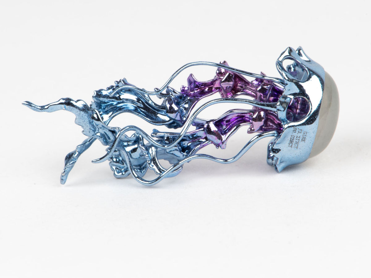 18K Gold Jellyfish Pendant with Jadeite Jade Body and Moving Tentacles Iridescent Plated Purple Blue R4678 Aurora Designer