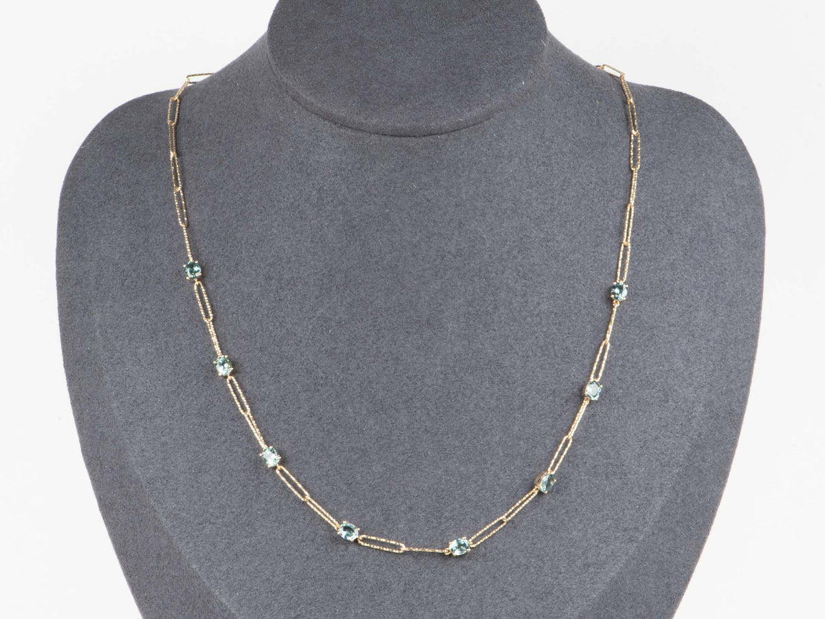 14K Gold Montana Sapphire Station Necklace 18" Sparkly Paperclip Chain Links Adjustable R4688 Aurora Designer