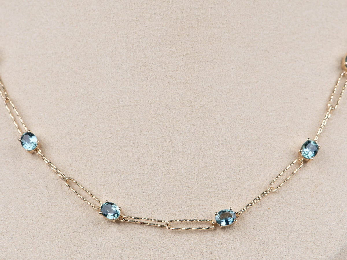 14K Gold Montana Sapphire Station Necklace 18" Sparkly Paperclip Chain Links Adjustable R4688 Aurora Designer