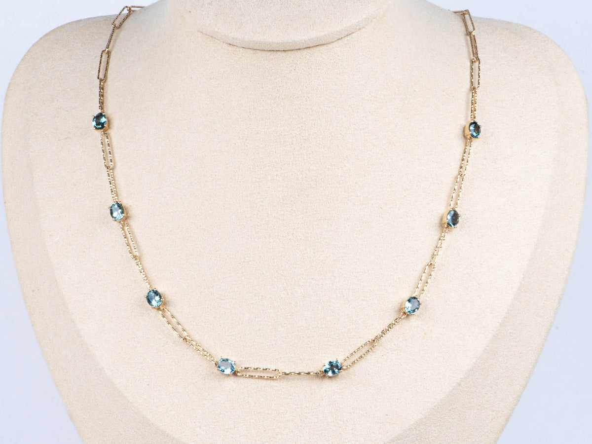 14K Gold Montana Sapphire Station Necklace 18" Sparkly Paperclip Chain Links Adjustable R4688 Aurora Designer
