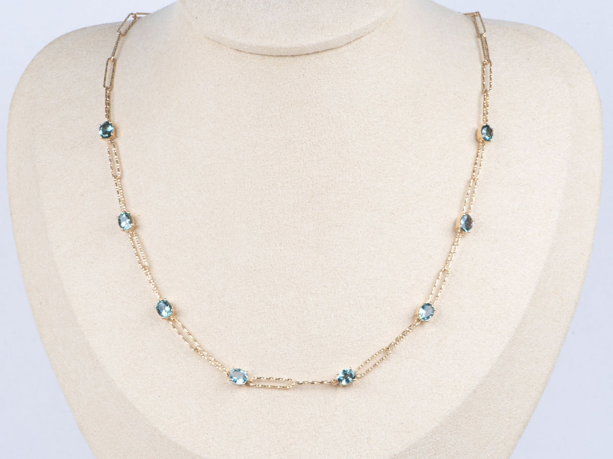 14K Gold Montana Sapphire Station Necklace 18" Sparkly Paperclip Chain Links Adjustable R4688 Aurora Designer