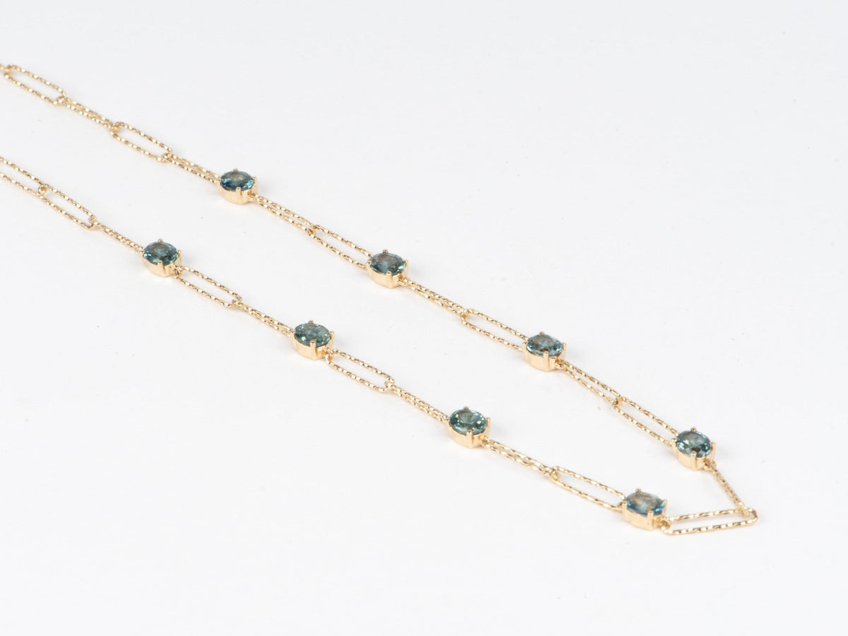 14K Gold Montana Sapphire Station Necklace 18" Sparkly Paperclip Chain Links Adjustable R4688 Aurora Designer