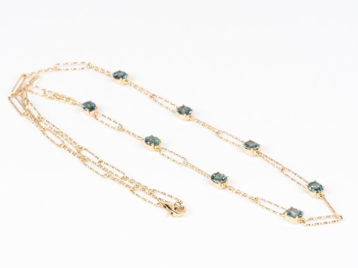 14K Gold Montana Sapphire Station Necklace 18" Sparkly Paperclip Chain Links Adjustable R4688 Aurora Designer