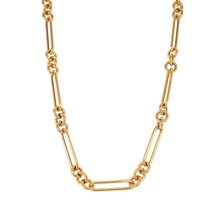 14K Gold Trombone Link Chain Necklace 16" Small and Long Links Paperclip R4691 Aurora Designer