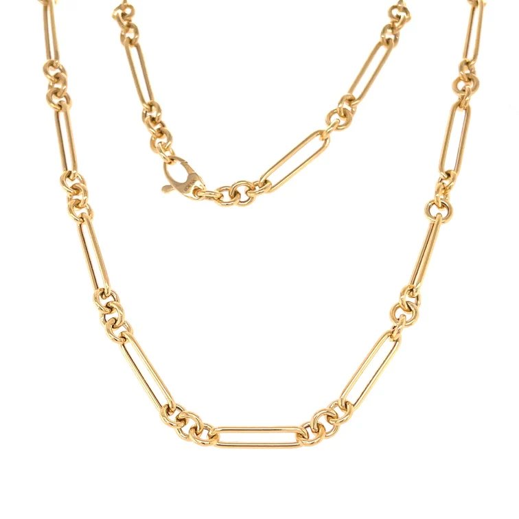 14K Gold Trombone Link Chain Necklace 16" Small and Long Links Paperclip R4691 Aurora Designer