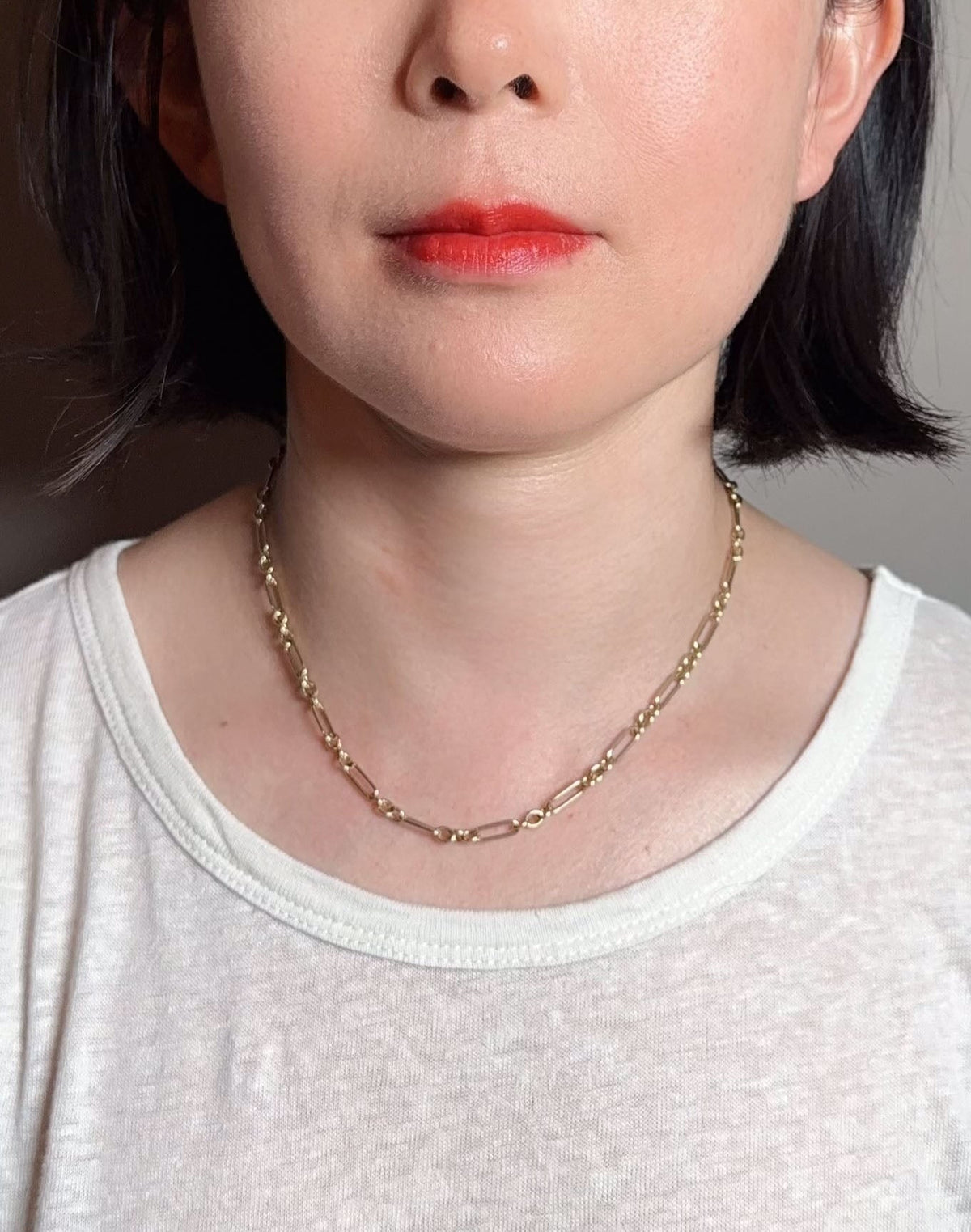 14K Gold Trombone Link Chain Necklace 16" Small and Long Links Paperclip R4693 Aurora Designer