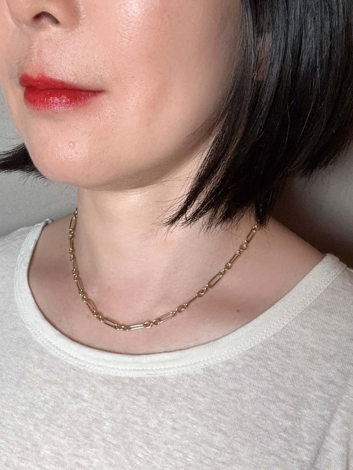 14K Gold Trombone Link Chain Necklace 16" Small and Long Links Paperclip R4693 Aurora Designer