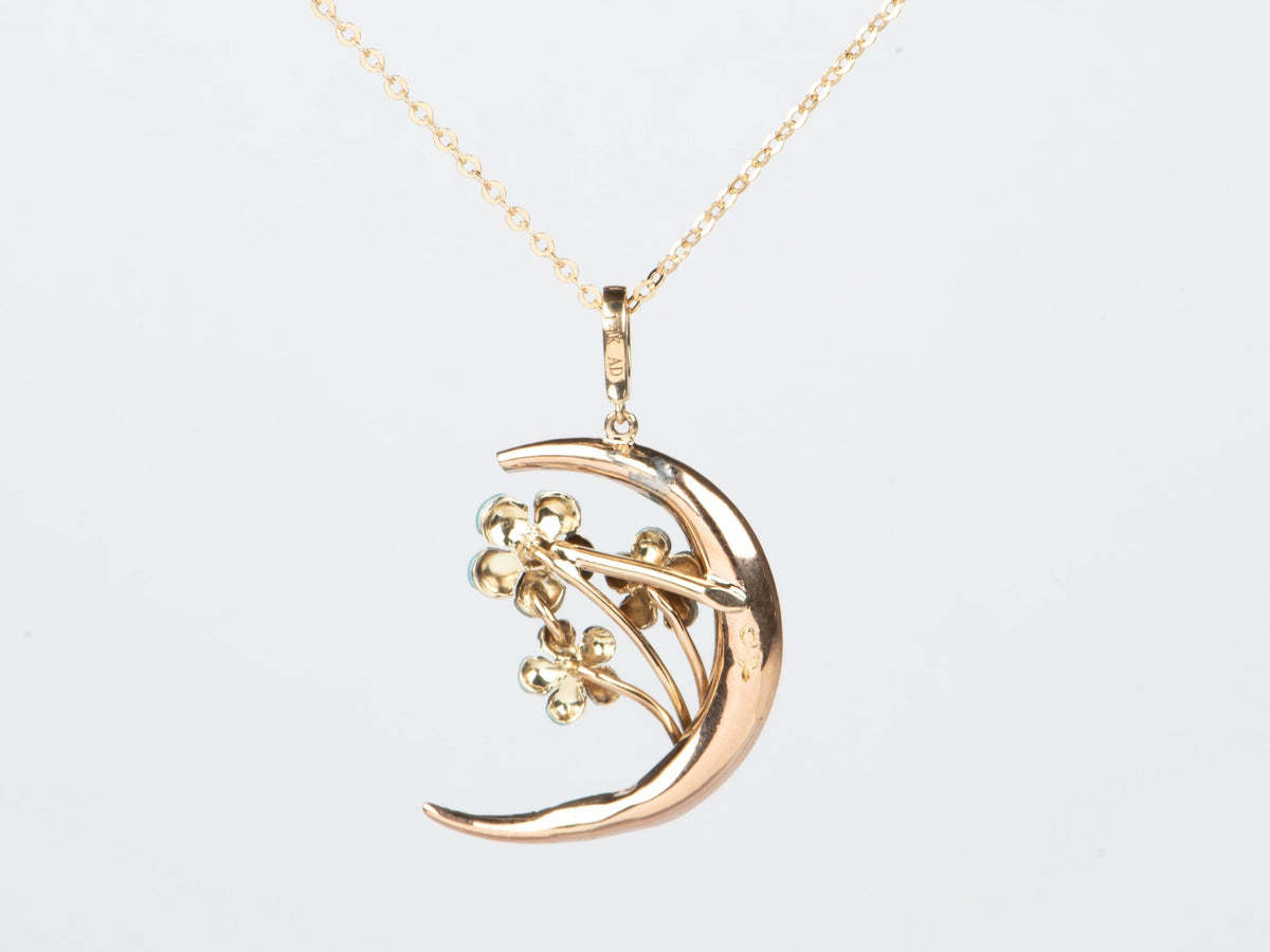 14K Gold Vintage Art Nouveau Blue Enamel Crescent Moon Pin Converted to Pendant with Clip-On Bail R4703 Aurora Designer