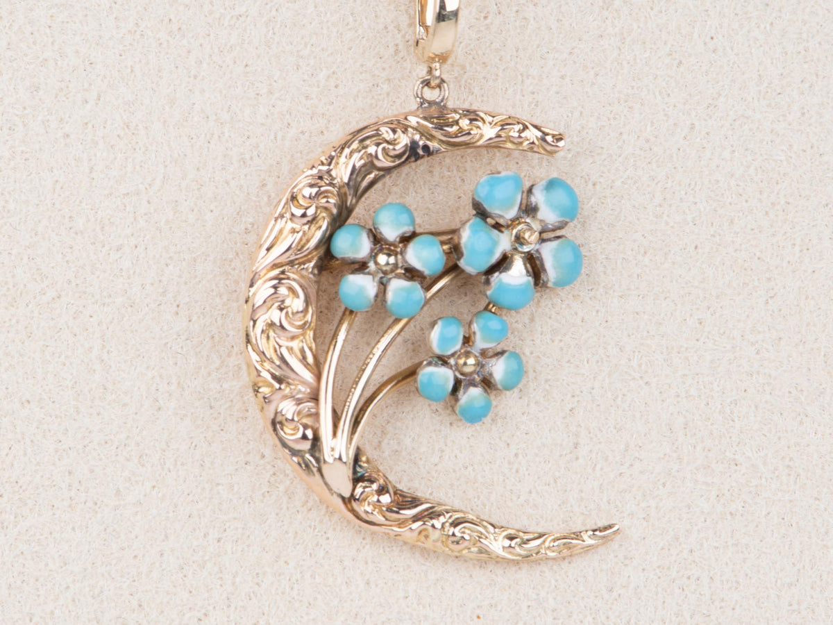14K Gold Vintage Art Nouveau Blue Enamel Crescent Moon Pin Converted to Pendant with Clip-On Bail R4703 Aurora Designer