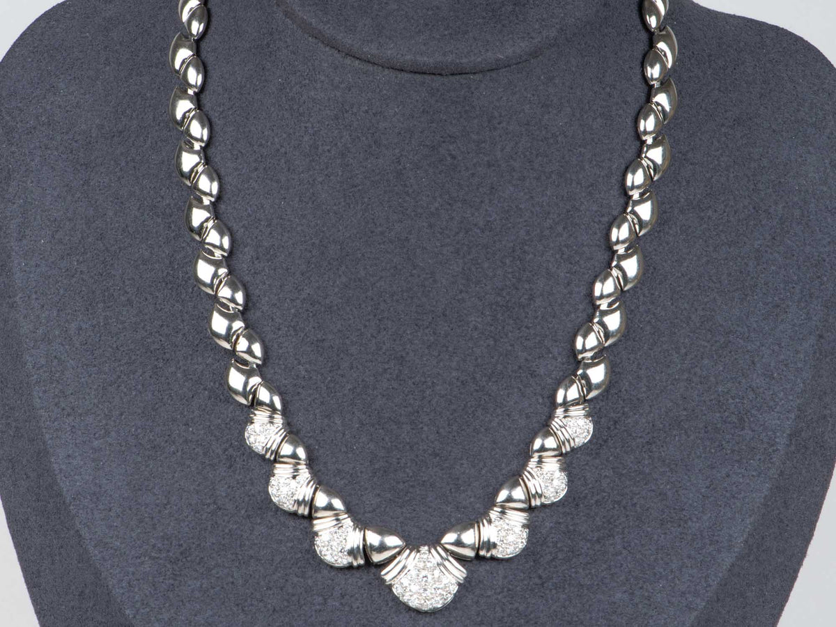 Heavy Platinum Statement Necklace with Diamonds Scallop Design PT850 49g R4711 Aurora Designer