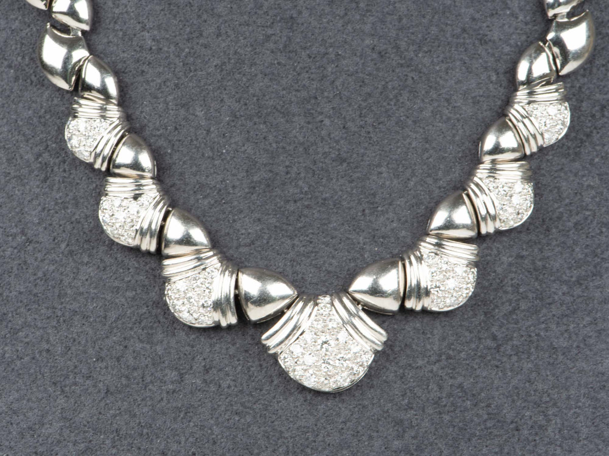 Heavy Platinum Statement Necklace with Diamonds Scallop Design PT850 49g R4711 Aurora Designer