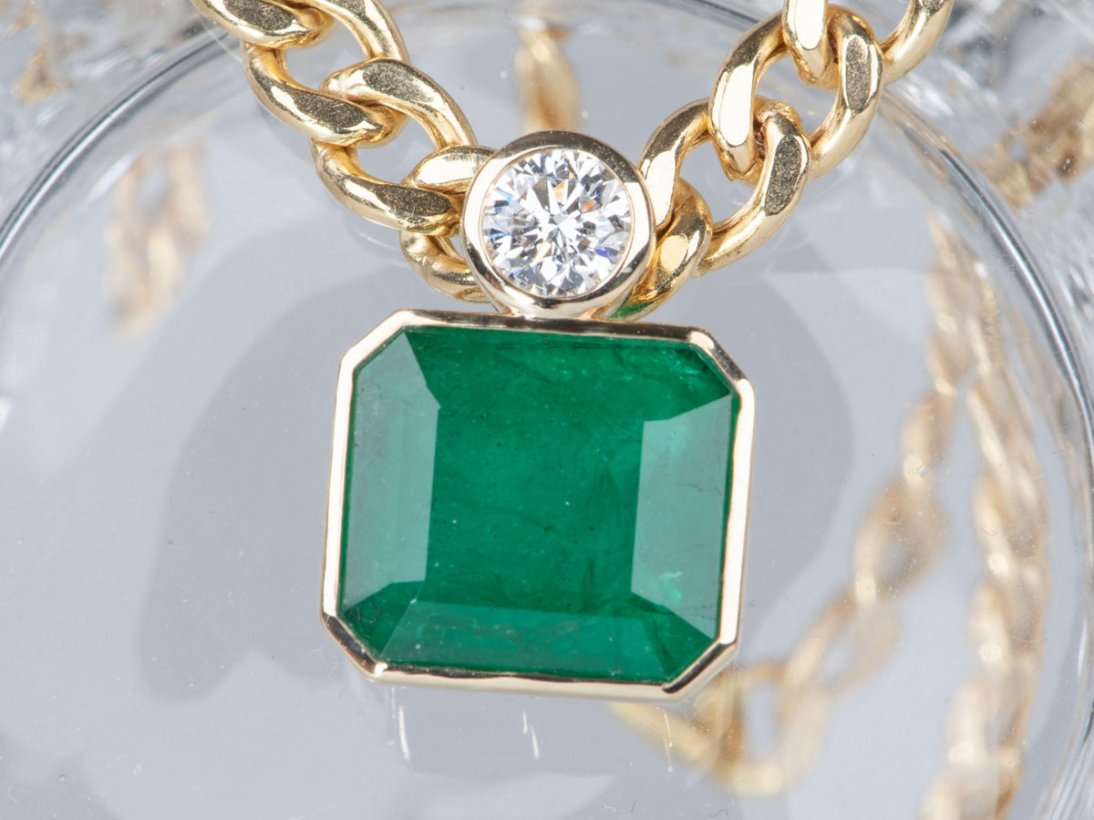 8.35ct Natural Zambian Emerald and Half Carat Lab Diamond Statement Pendant 14K Gold R4713 Aurora Designer