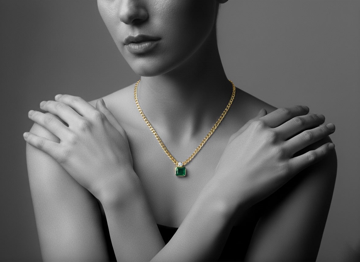 8.35ct Natural Zambian Emerald and Half Carat Lab Diamond Statement Pendant 14K Gold R4713 Aurora Designer