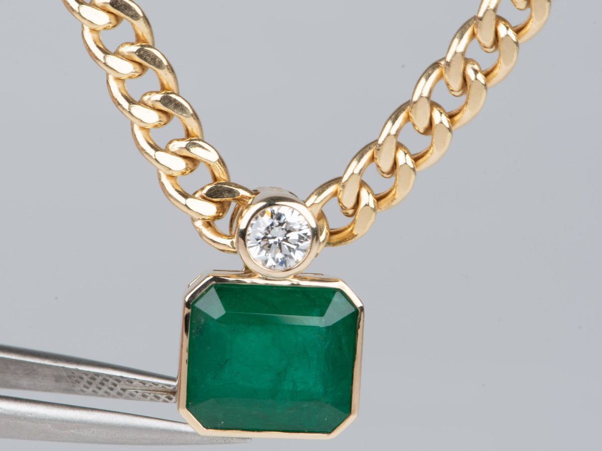8.35ct Natural Zambian Emerald and Half Carat Lab Diamond Statement Pendant 14K Gold R4713 Aurora Designer
