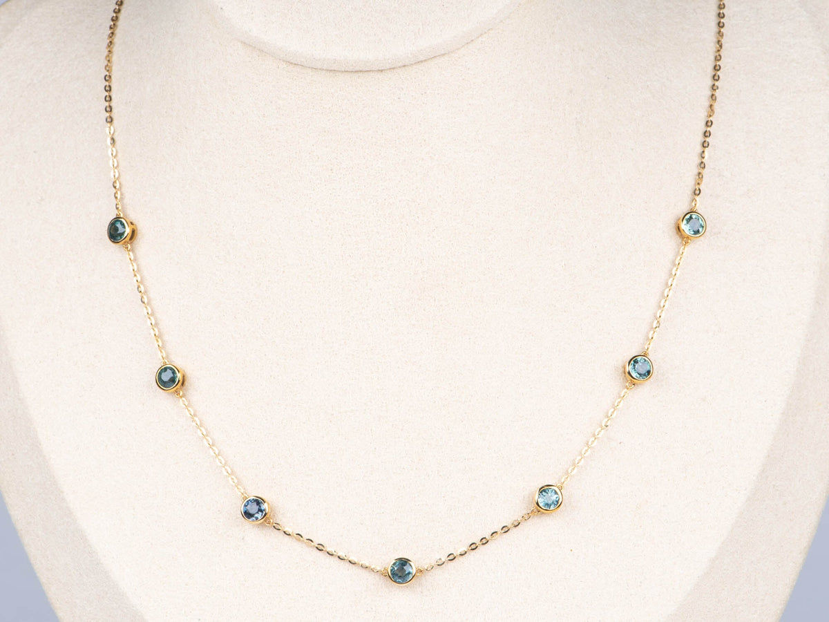 7p Montana Sapphire Bezel Set Station Necklace 14K Yellow Gold 17.5&quot; R4716 Aurora Designer