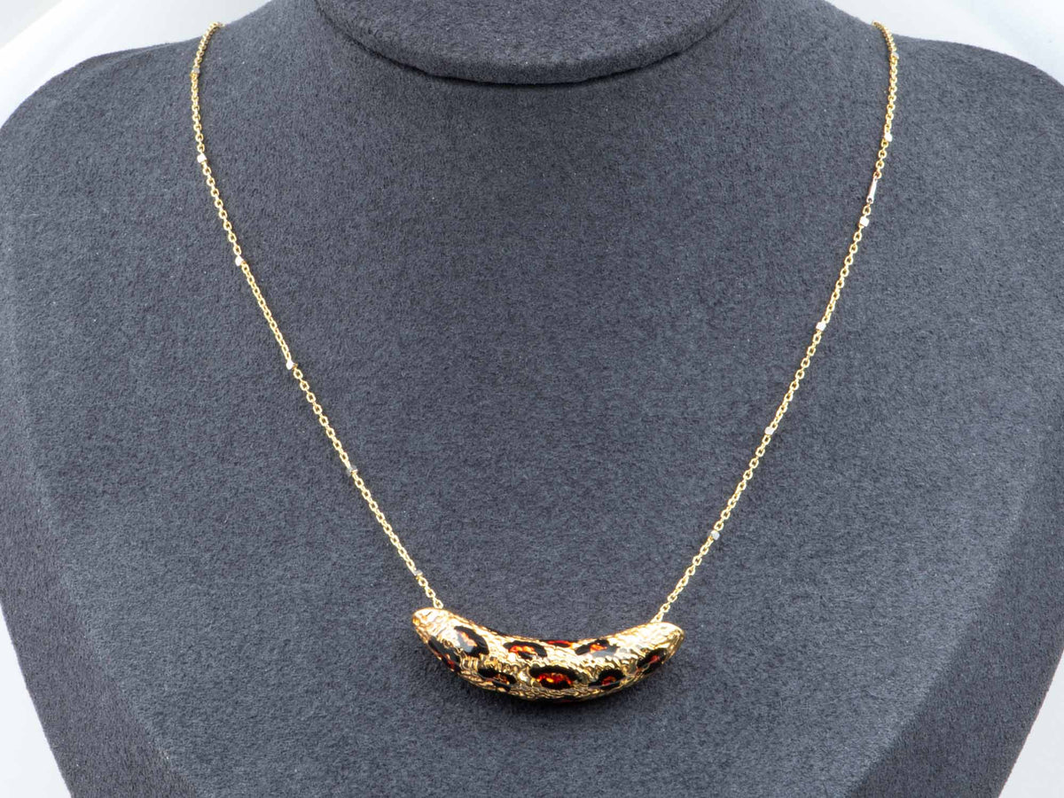 Real 18K Gold Leopard Print Necklace Slider Pendant Enamel Pattern Brown Black Spot R4732 Aurora Designer