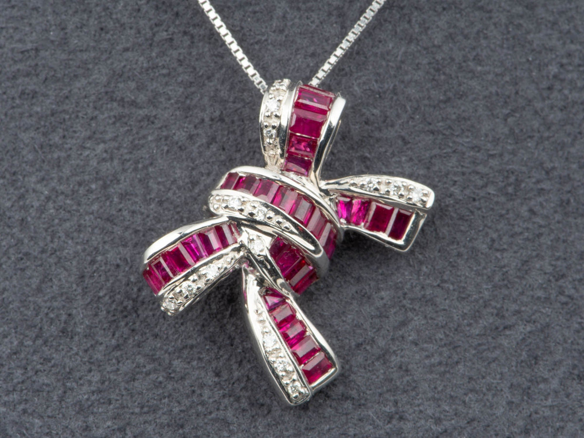 18K White Gold Baguette Ruby and Diamond Ribbon Bow Pendant with Necklace Chain R4739 Aurora Designer