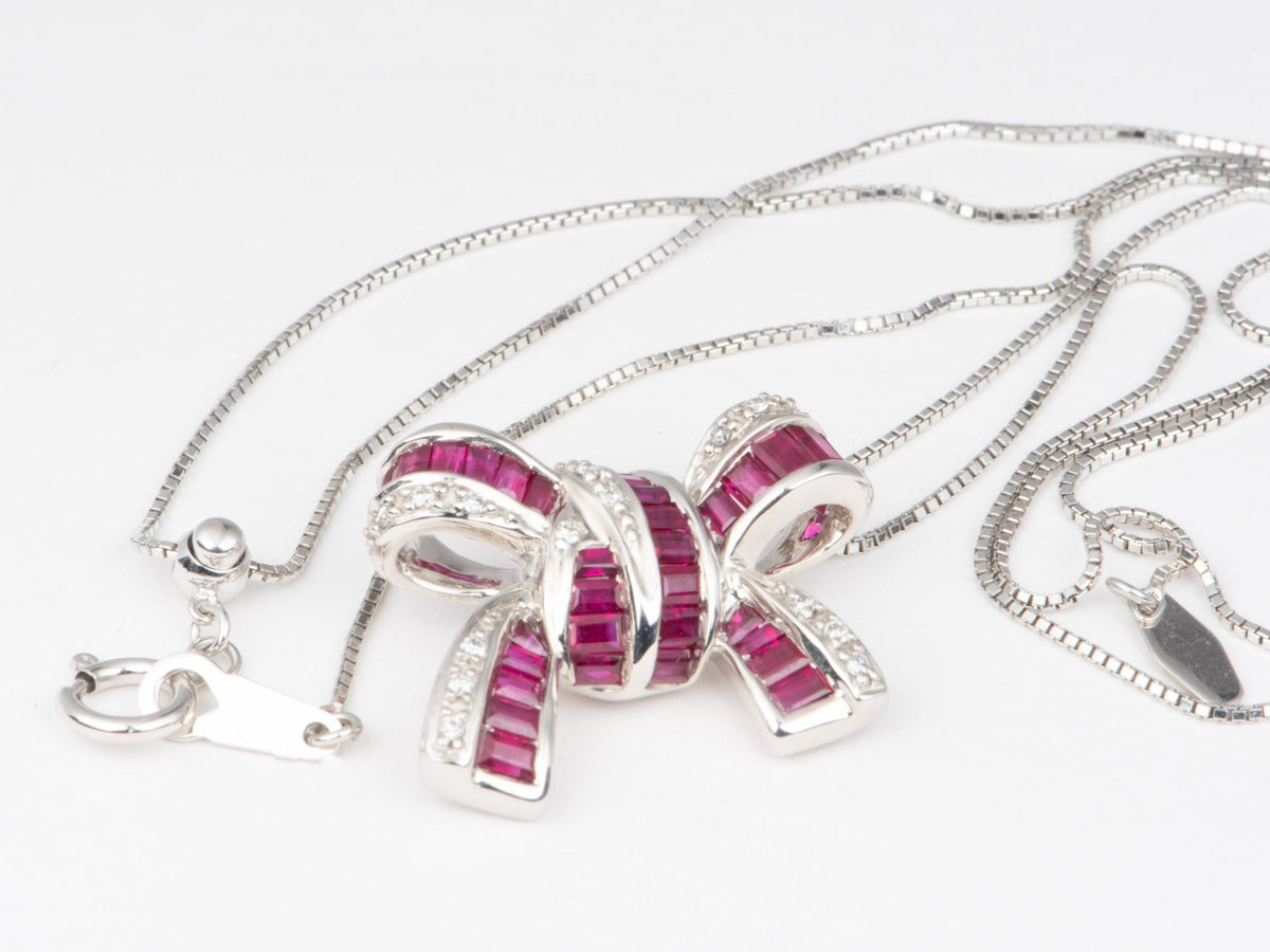 18K White Gold Baguette Ruby and Diamond Ribbon Bow Pendant with Necklace Chain R4739 Aurora Designer