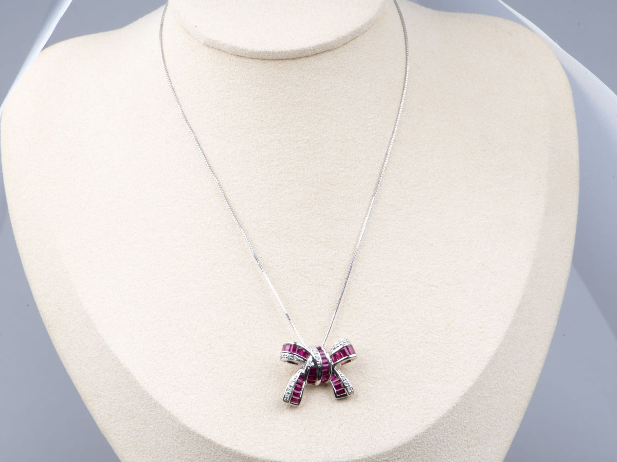18K White Gold Baguette Ruby and Diamond Ribbon Bow Pendant with Necklace Chain R4739 Aurora Designer