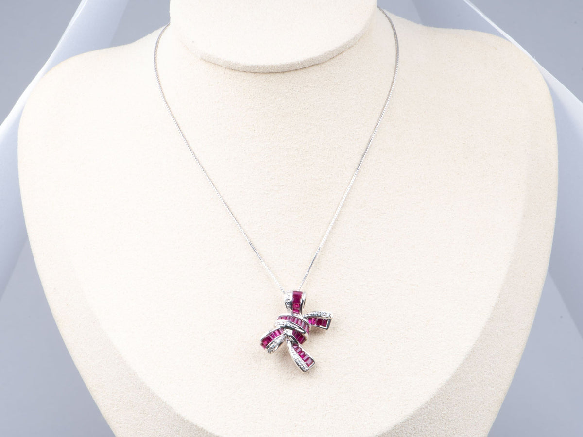 18K White Gold Baguette Ruby and Diamond Ribbon Bow Pendant with Necklace Chain R4739 Aurora Designer