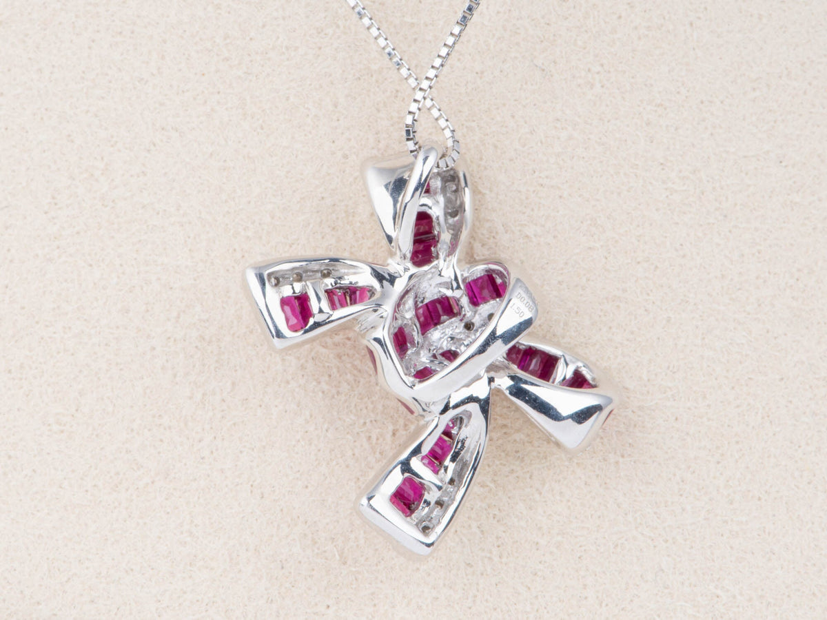 18K White Gold Baguette Ruby and Diamond Ribbon Bow Pendant with Necklace Chain R4739 Aurora Designer