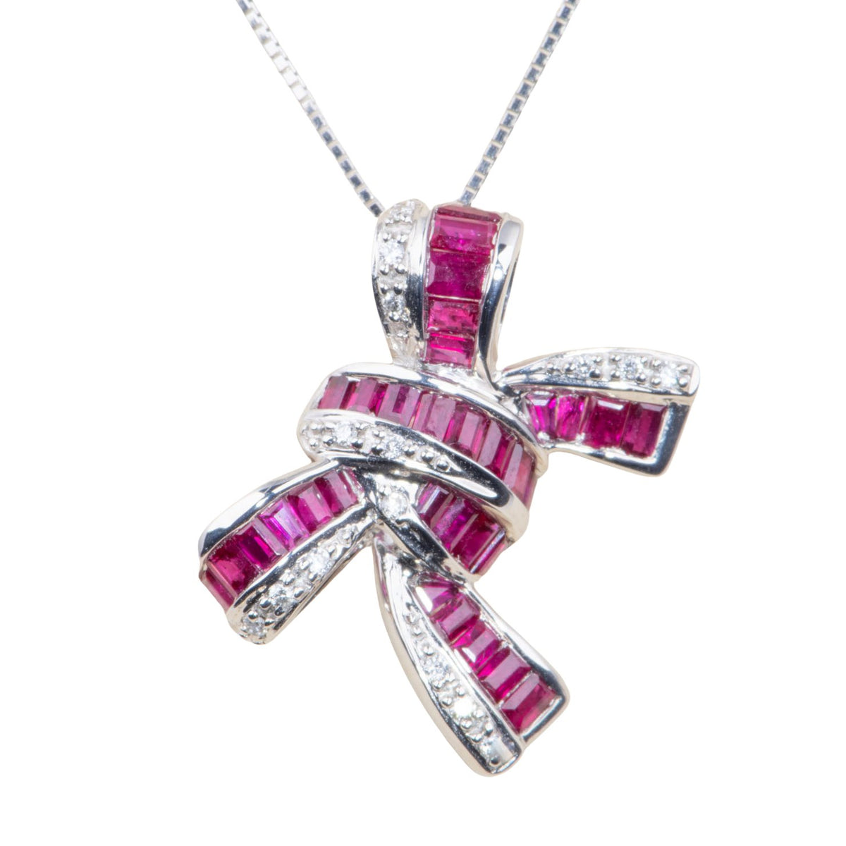 18K White Gold Baguette Ruby and Diamond Ribbon Bow Pendant with Necklace Chain R4739 Aurora Designer