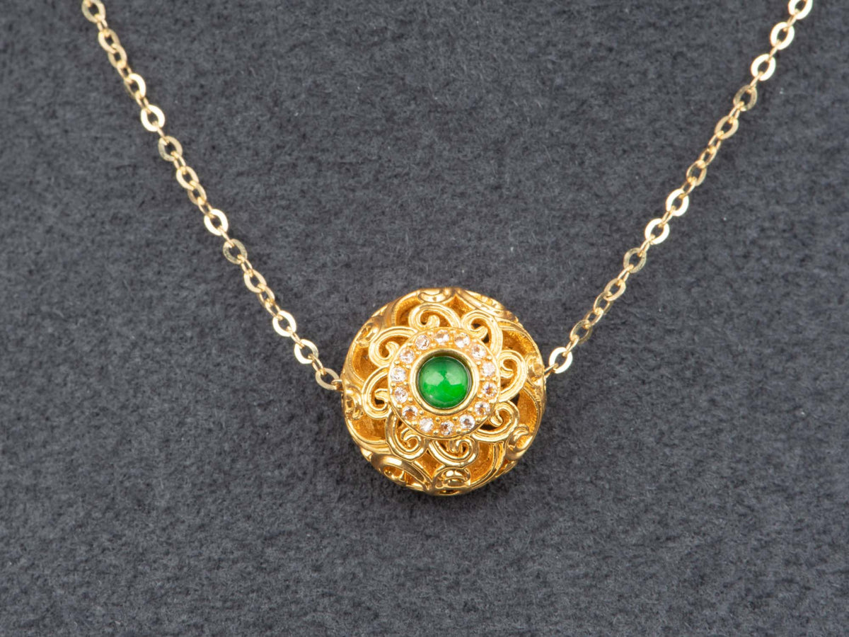 18K Gold Filigree Slider Charm Pendant with Cloud Design and Jade Jadeite Center Light Weight R4741 Aurora Designer