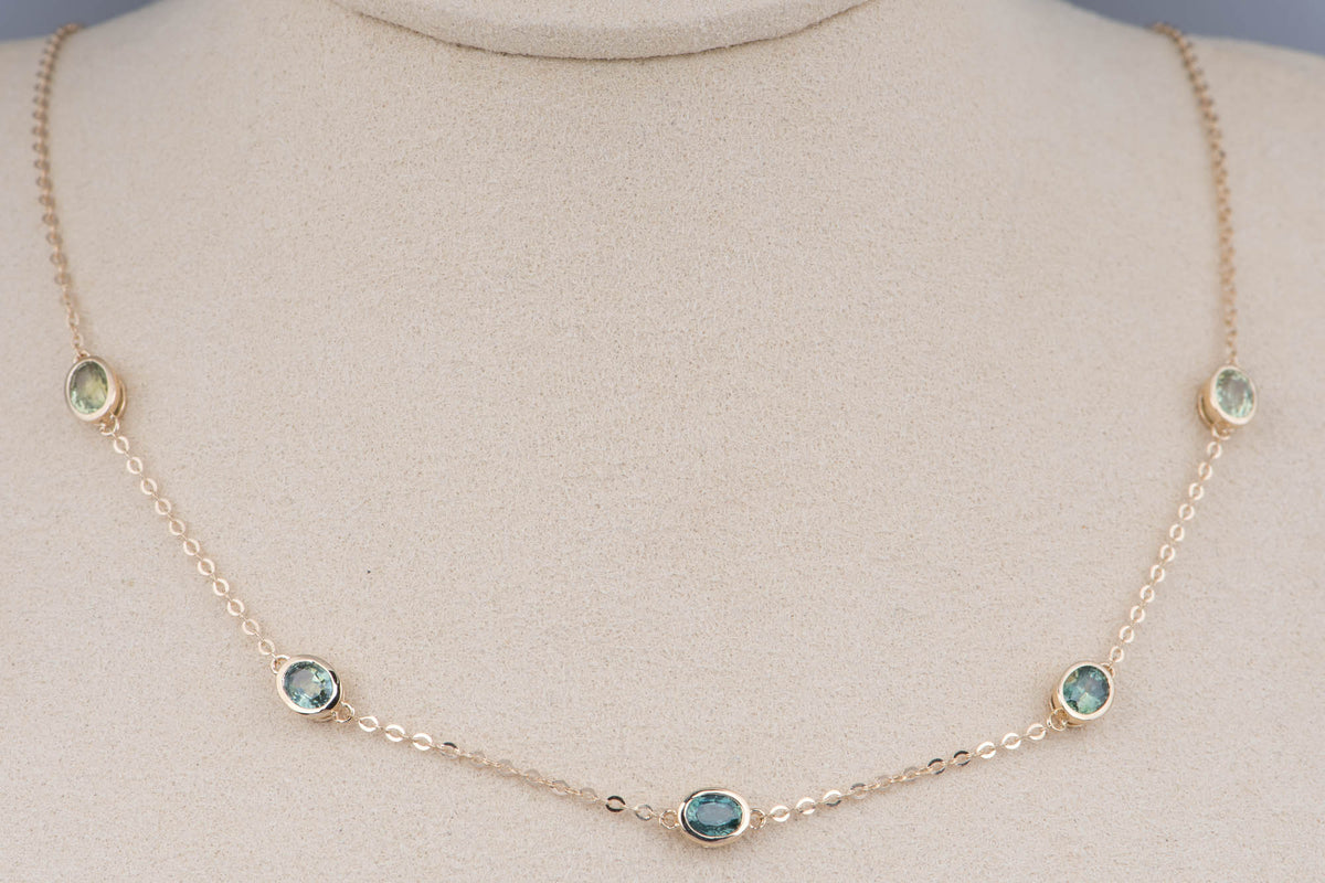 14K Gold Teal Blue Montana Sapphire Station Necklace Ombre Colorway Bezel Set Adjustable Chain R4746