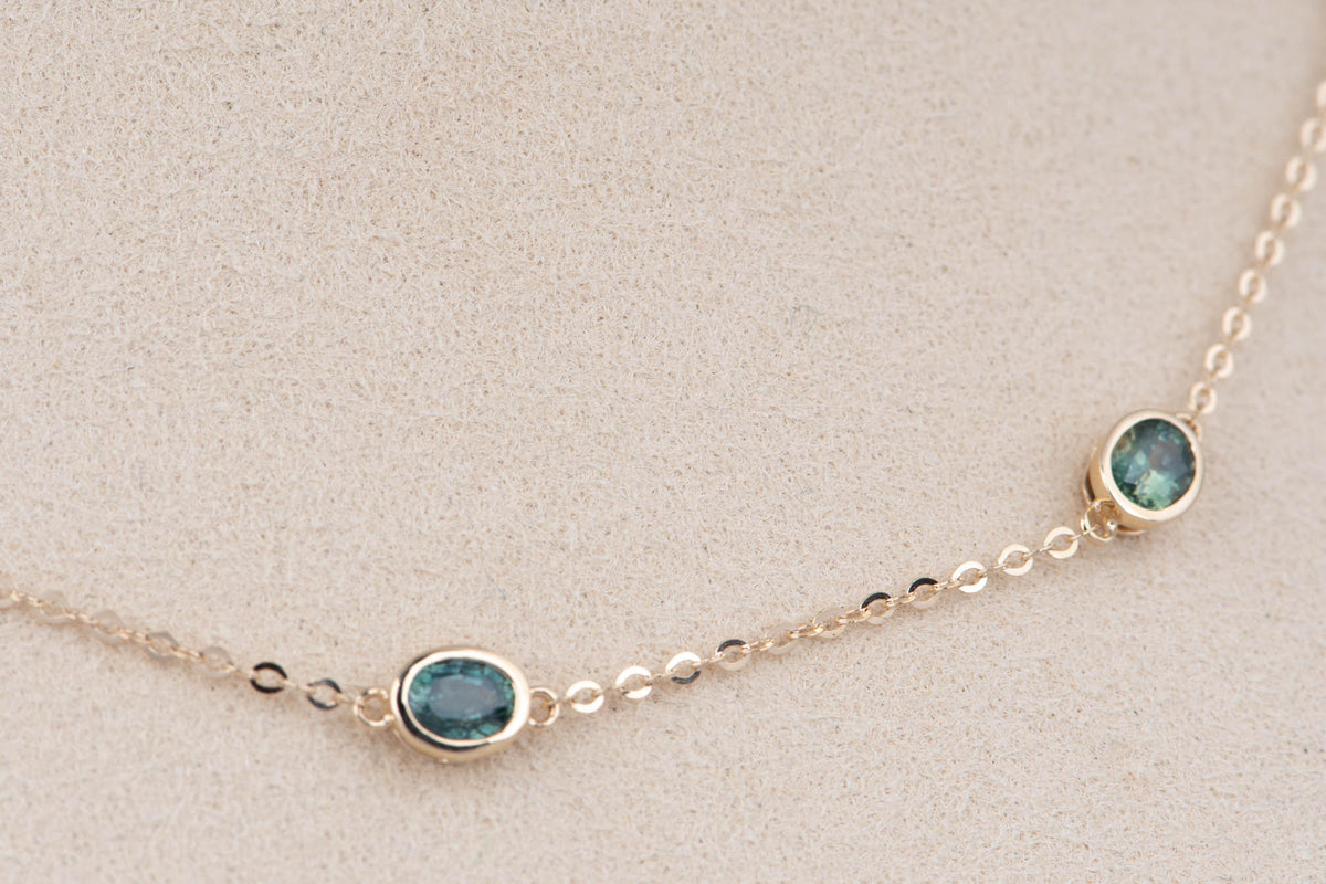 14K Gold Teal Blue Montana Sapphire Station Necklace Ombre Colorway Bezel Set Adjustable Chain R4746
