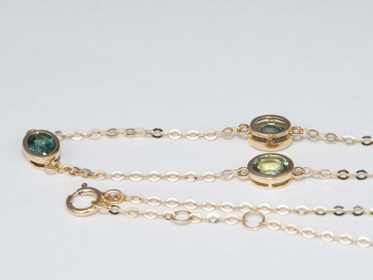 14K Gold Teal Blue Montana Sapphire Station Necklace Ombre Colorway Bezel Set Adjustable Chain R4746