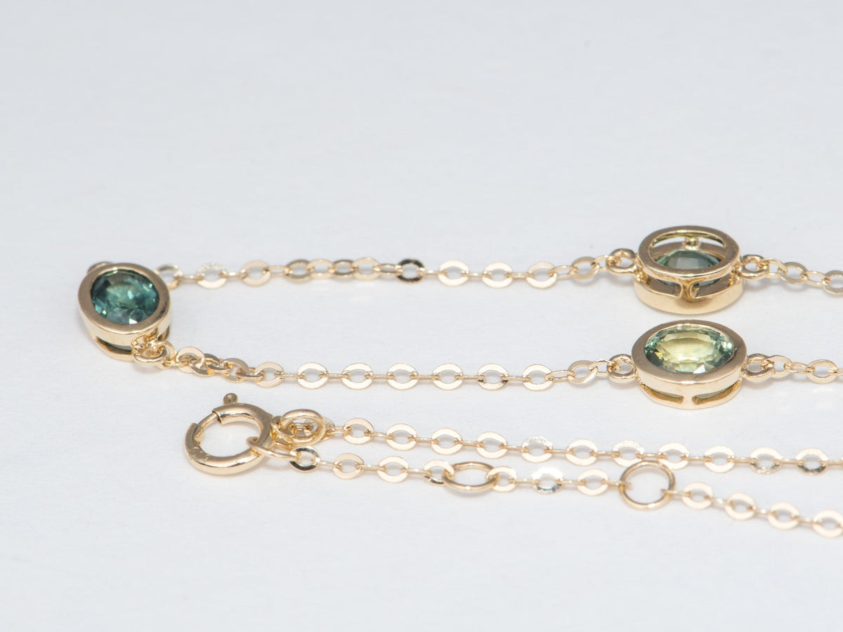 14K Gold Teal Blue Montana Sapphire Station Necklace Ombre Colorway Bezel Set Adjustable Chain R4746