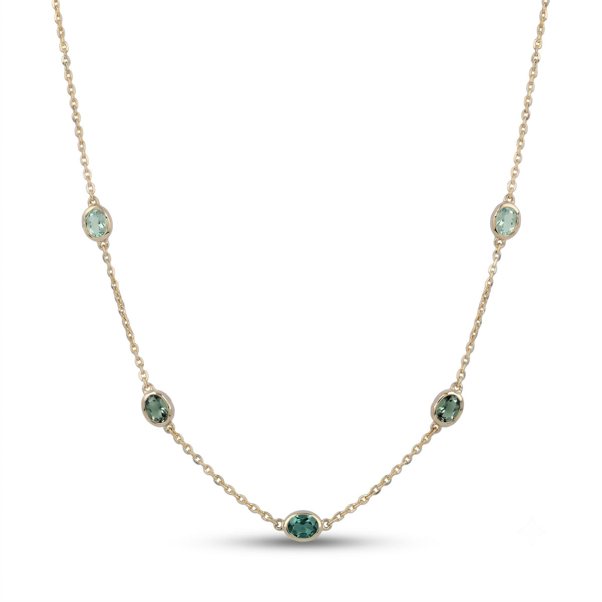 14K Gold Teal Blue Montana Sapphire Station Necklace Ombre Colorway Bezel Set R4746 Aurora Designer