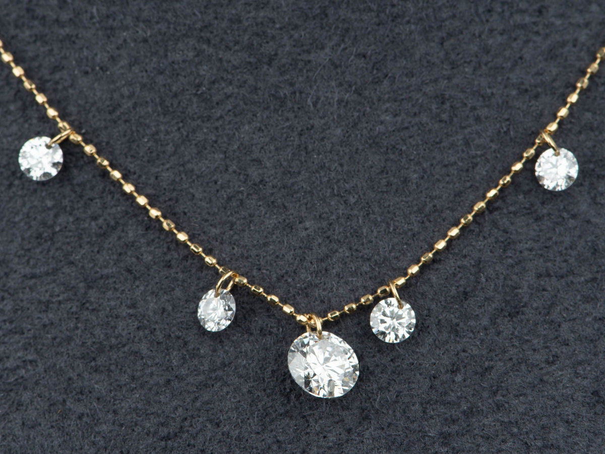 18K Gold Adjustable Necklace with 11pc Drilled Lab Diamond Dangling Shiny Sparkly Dainty Bead Chain Raindrop Collection R4750 Aurora Designer