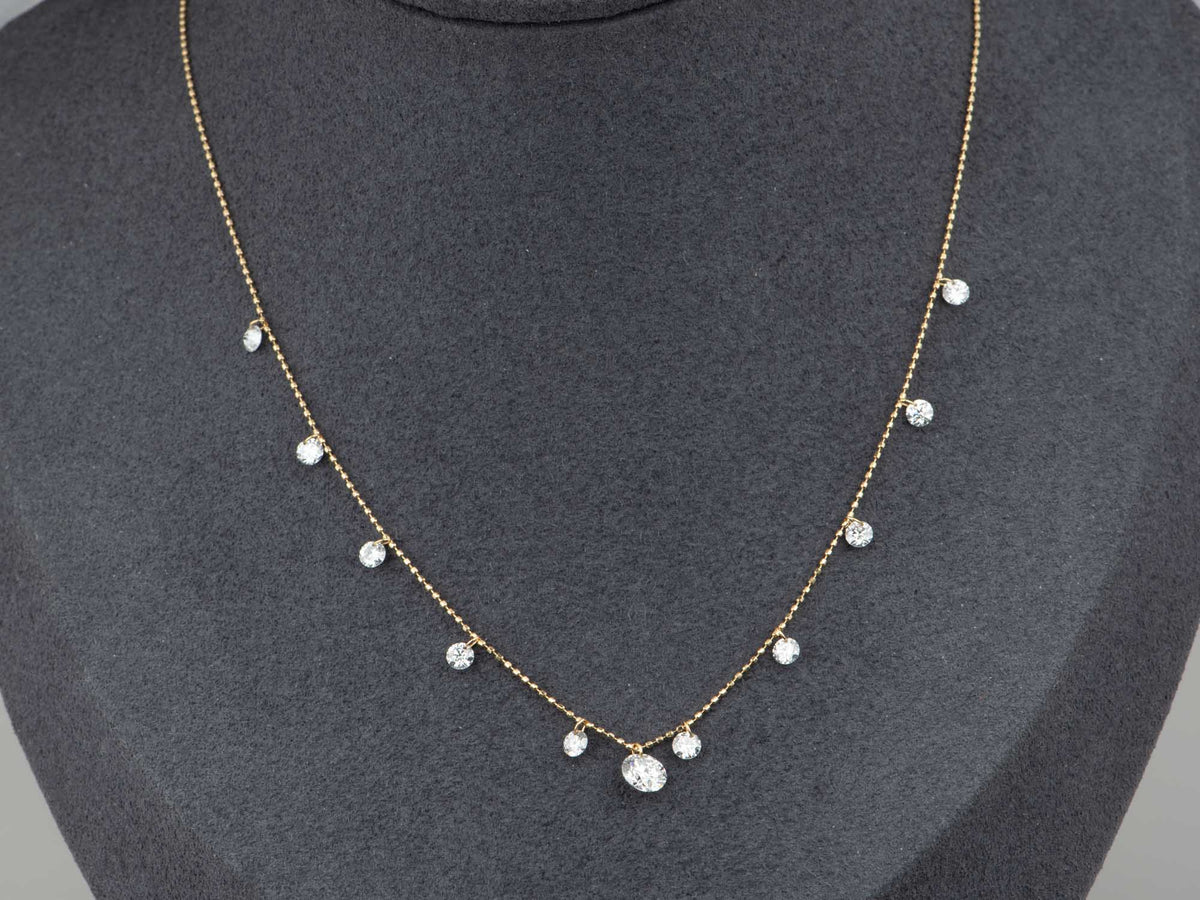 18K Gold Adjustable Necklace with 11pc Drilled Lab Diamond Dangling Shiny Sparkly Dainty Bead Chain Raindrop Collection R4750 Aurora Designer
