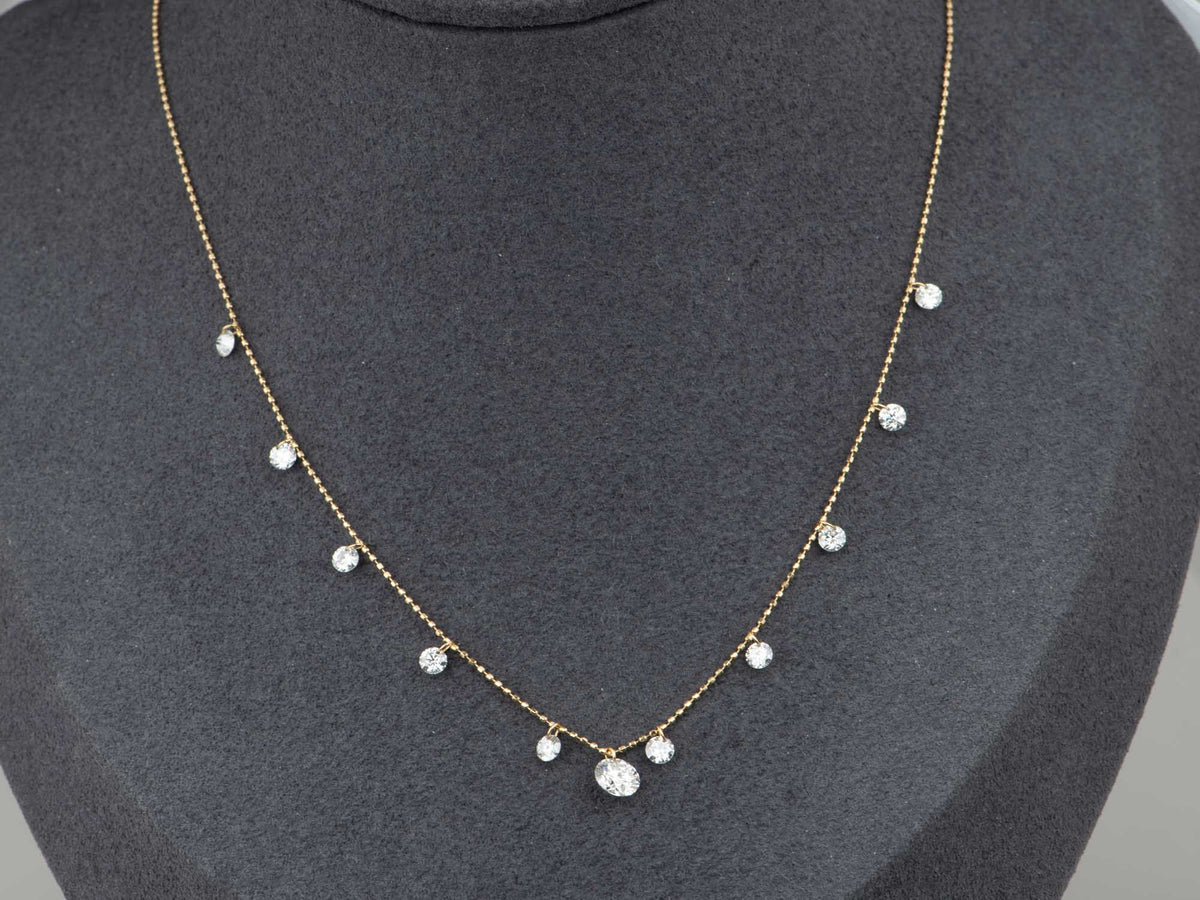 18K Gold Adjustable Necklace with 11pc Drilled Lab Diamond Dangling Shiny Sparkly Dainty Bead Chain Raindrop Collection R4750 Aurora Designer