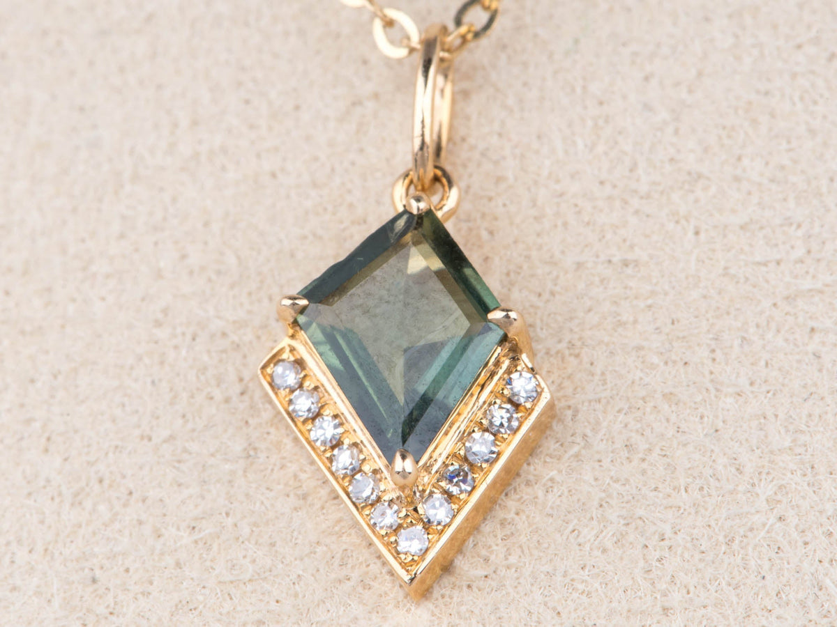 14K Gold Kite Shape Teal Sapphire Pendant with Diamond Halo for Necklace Unique Natural Gemstone Blue Green Mermaid Jewelry R4757 Aurora Designer