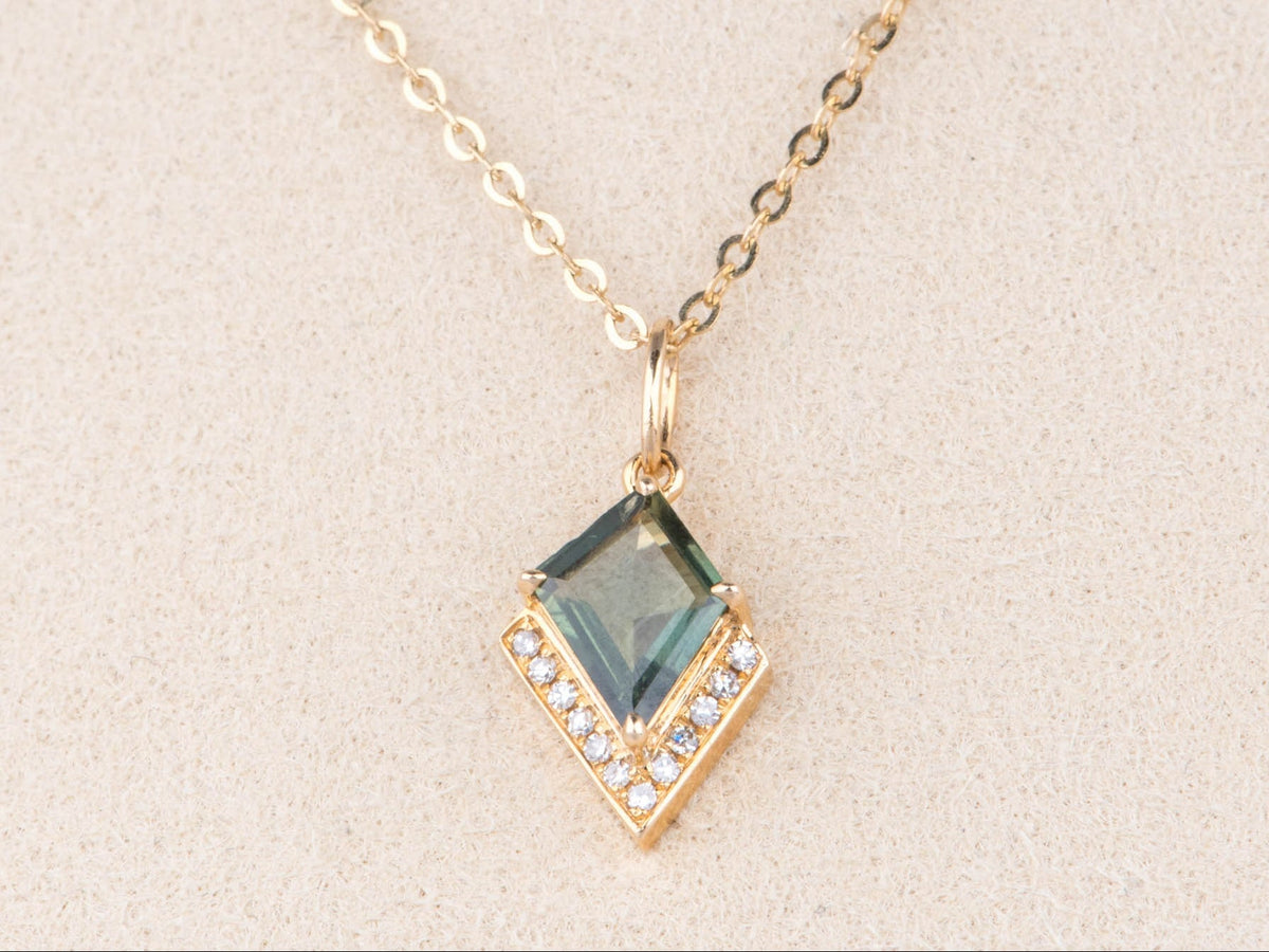 14K Gold Kite Shape Teal Sapphire Pendant with Diamond Halo for Necklace Unique Natural Gemstone Blue Green Mermaid Jewelry R4757 Aurora Designer