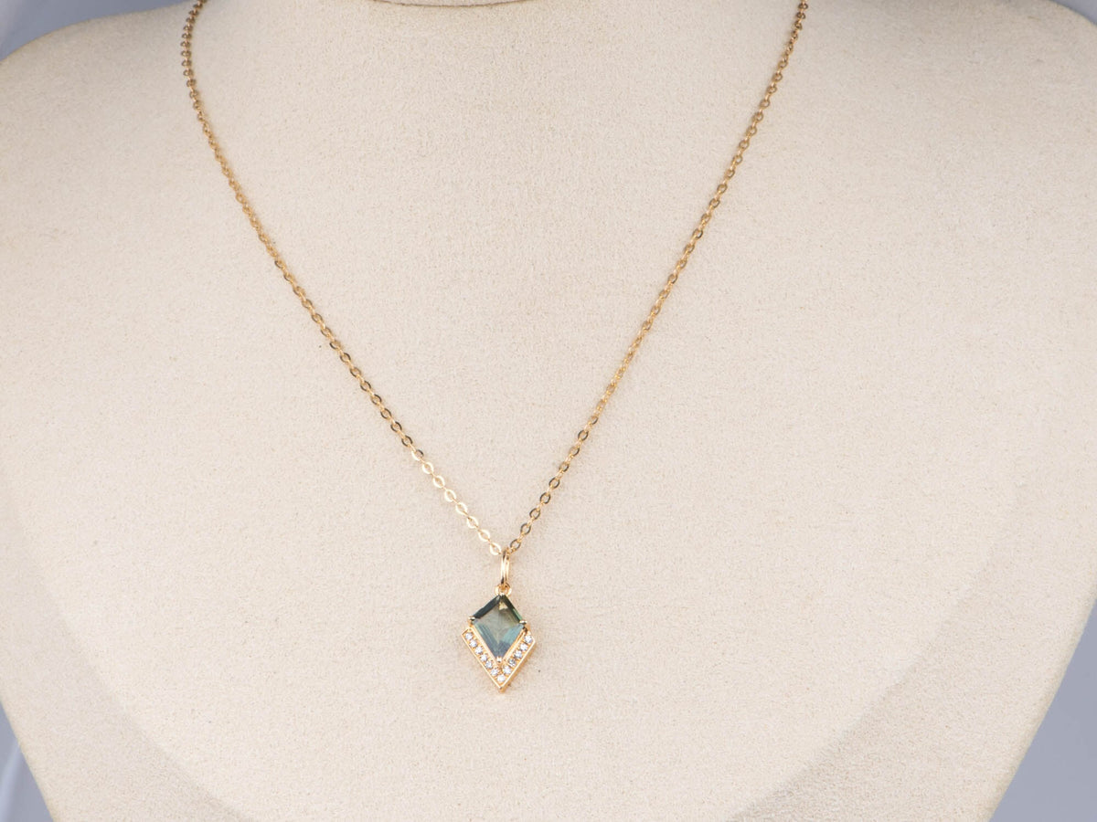 14K Gold Kite Shape Teal Sapphire Pendant with Diamond Halo for Necklace Unique Natural Gemstone Blue Green Mermaid Jewelry R4757 Aurora Designer