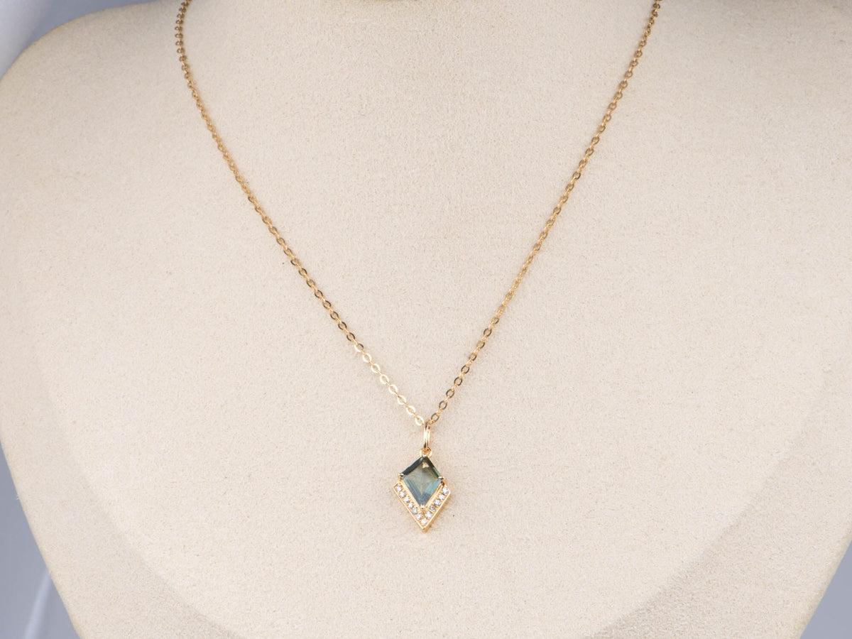 14K Gold Kite Shape Teal Sapphire Pendant with Diamond Halo for Necklace Unique Natural Gemstone Blue Green Mermaid Jewelry R4757 Aurora Designer