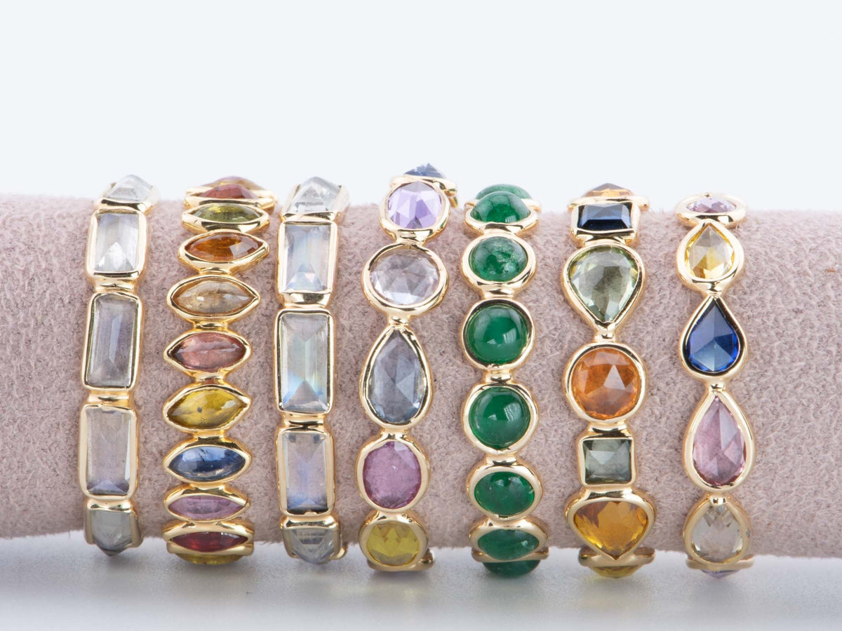 14K 18K Gold Colorful Gemstone Circle Bezel Set Full Eternity Band Aurora Designer