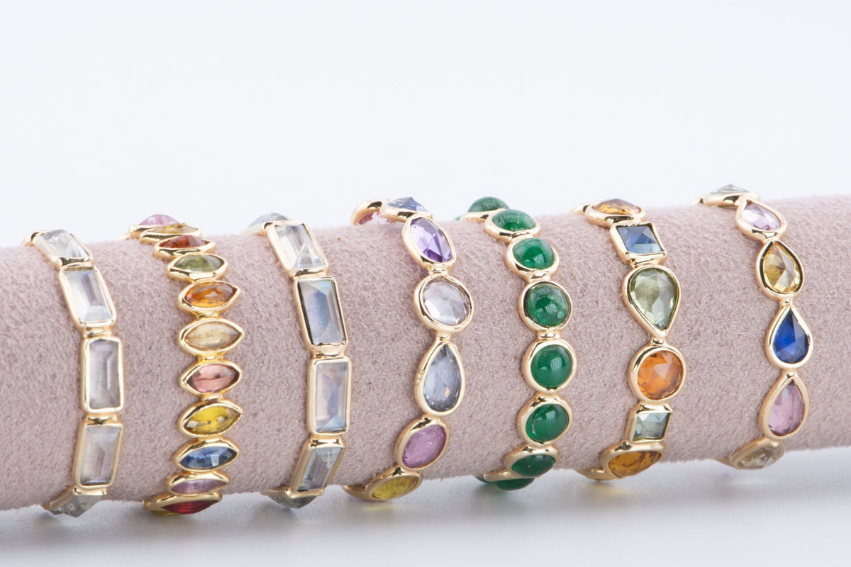 14K 18K Gold Colorful Gemstone Circle Bezel Set Full Eternity Band Aurora Designer