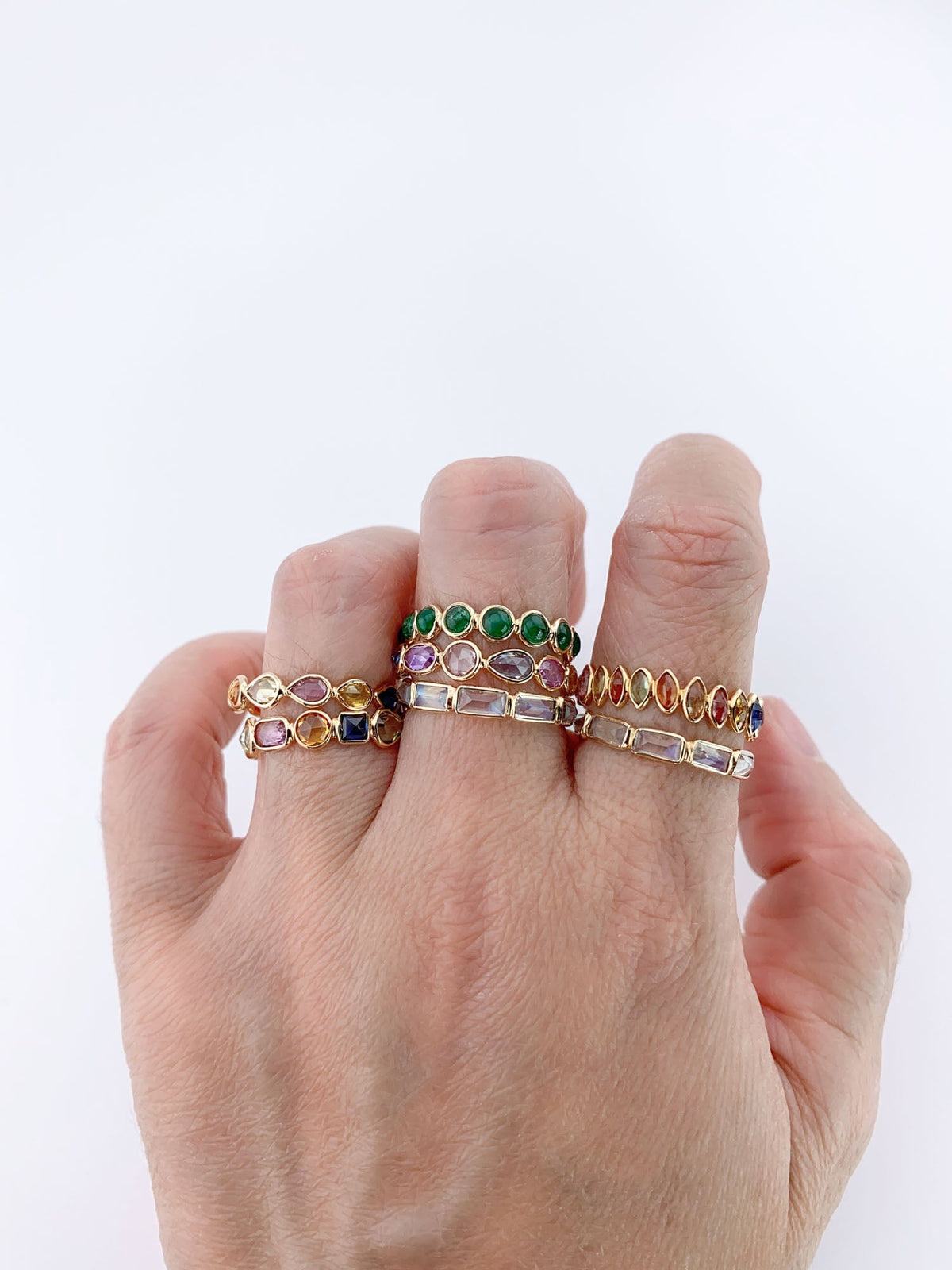 14K 18K Gold Colorful Gemstone Circle Bezel Set Full Eternity Band Aurora Designer