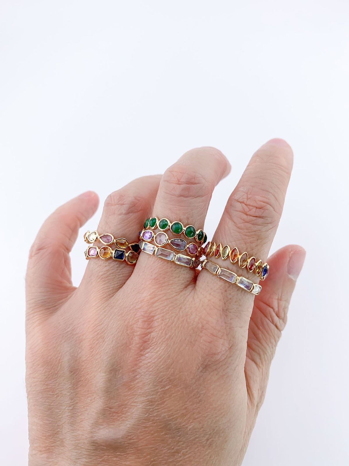 14K 18K Gold Colorful Gemstone Circle Bezel Set Full Eternity Band Aurora Designer