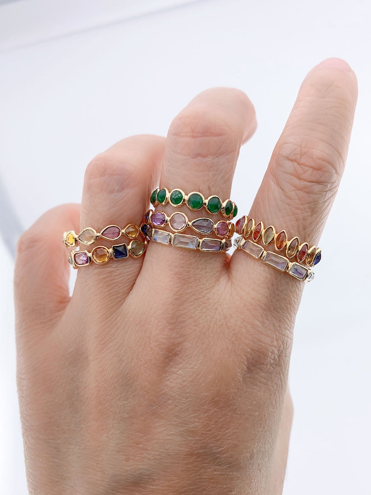 14K 18K Gold Colorful Gemstone Circle Bezel Set Full Eternity Band Aurora Designer