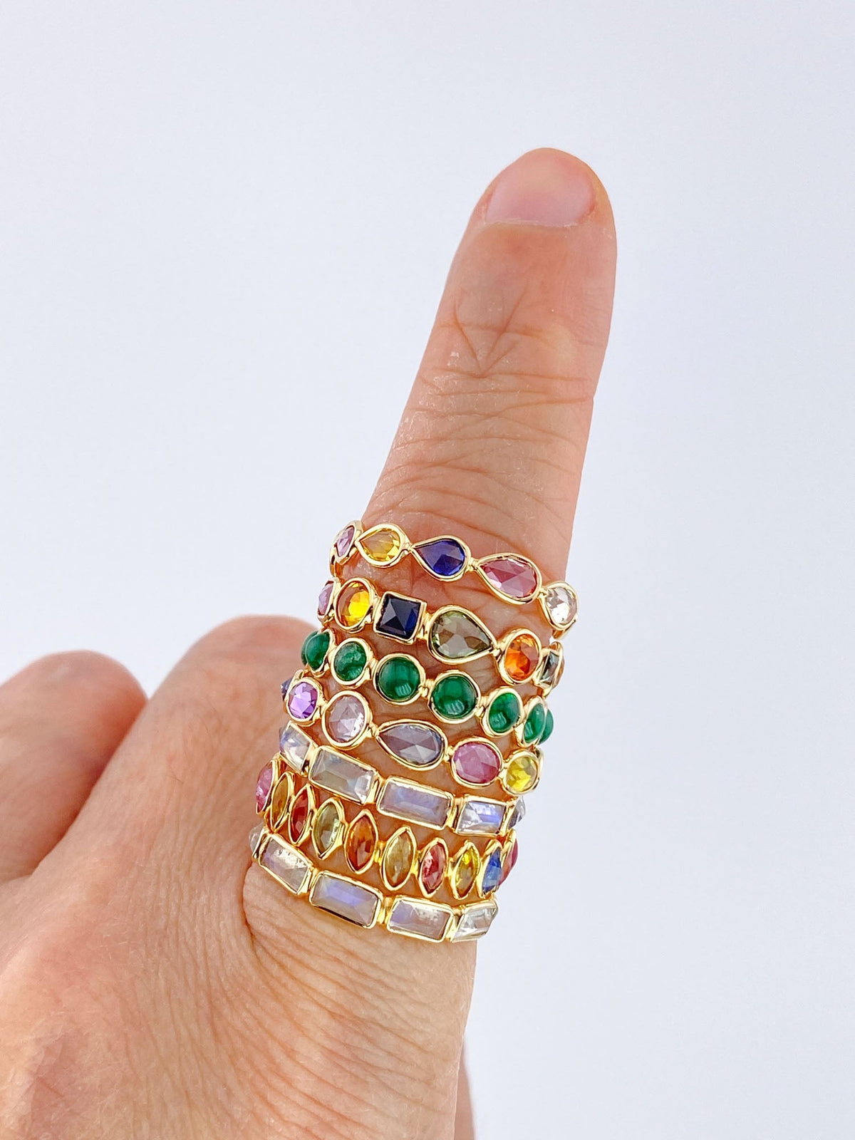 14K 18K Gold Colorful Gemstone Circle Bezel Set Full Eternity Band Aurora Designer