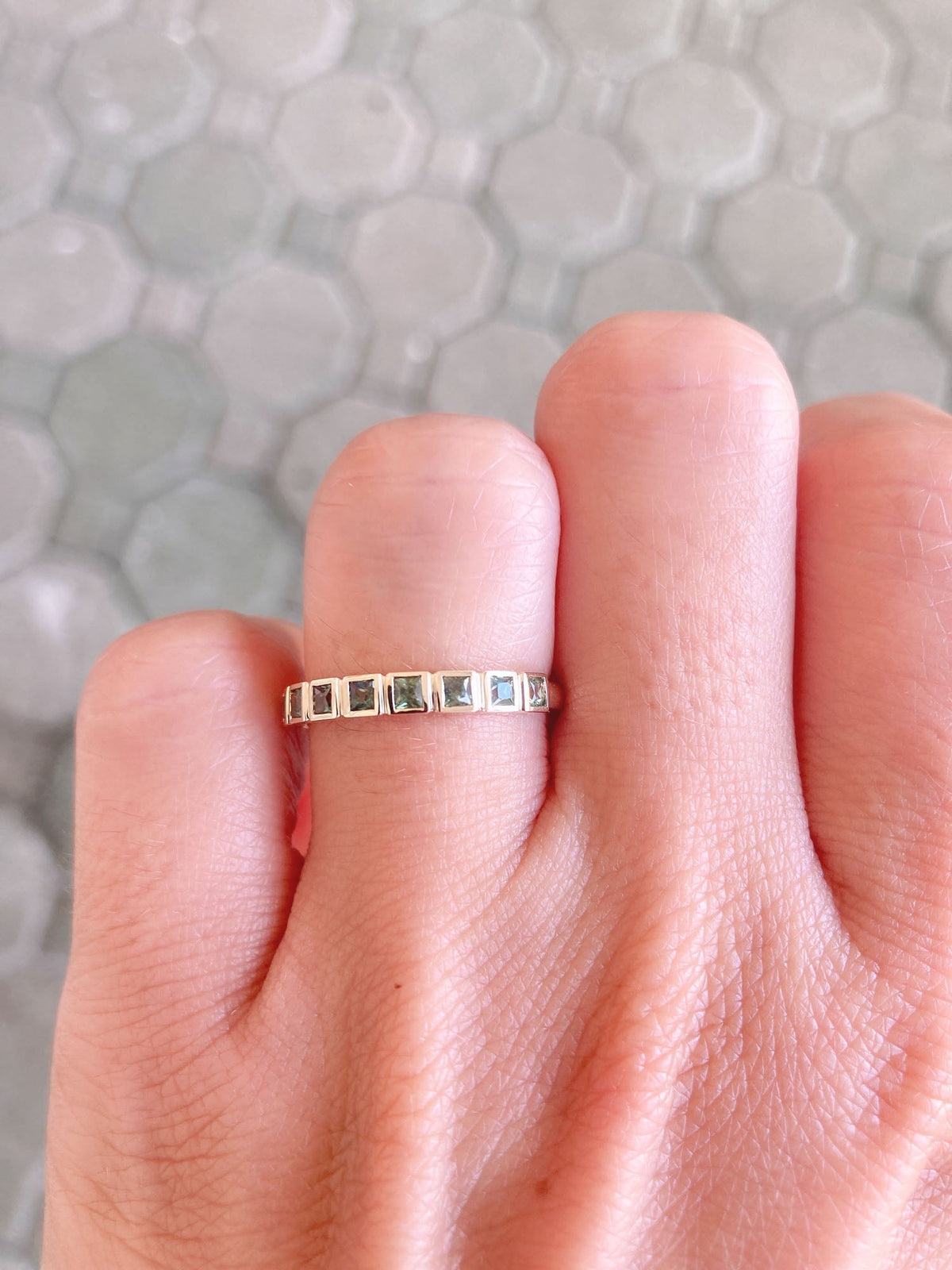 Teal Blue Green Sapphire Bezel Set Wedding Band 14K Gold R5037 Aurora Designer