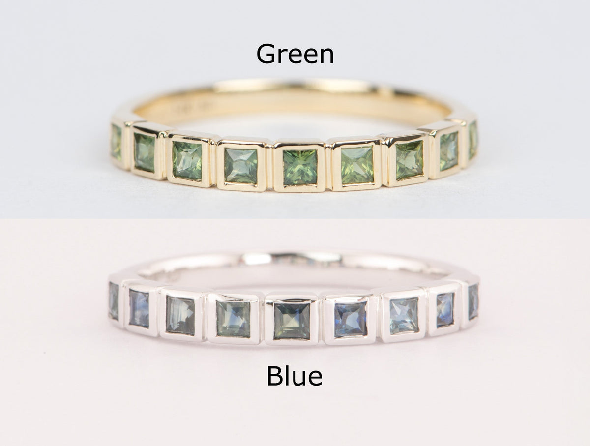 Teal Blue Green Sapphire Bezel Set Wedding Band 14K Gold R5037 Aurora Designer