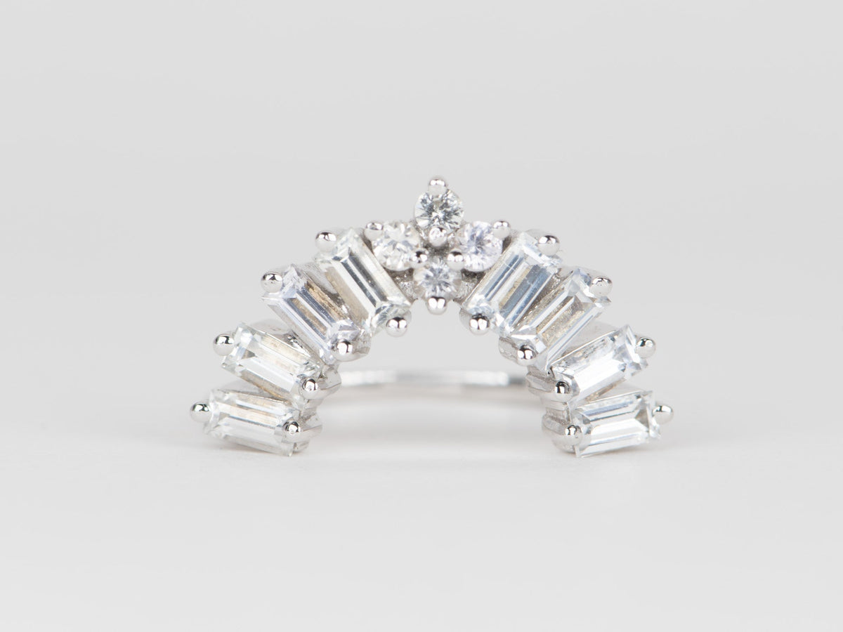 White Sapphire Large Baguette Crown Ring 14K White Gold R5064 Aurora Designer