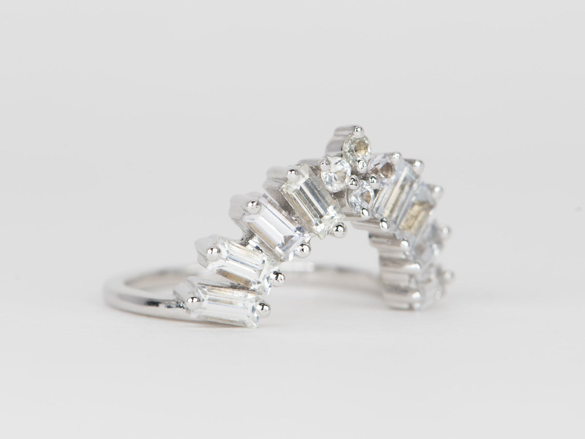 White Sapphire Large Baguette Crown Ring 14K White Gold R5064 Aurora Designer